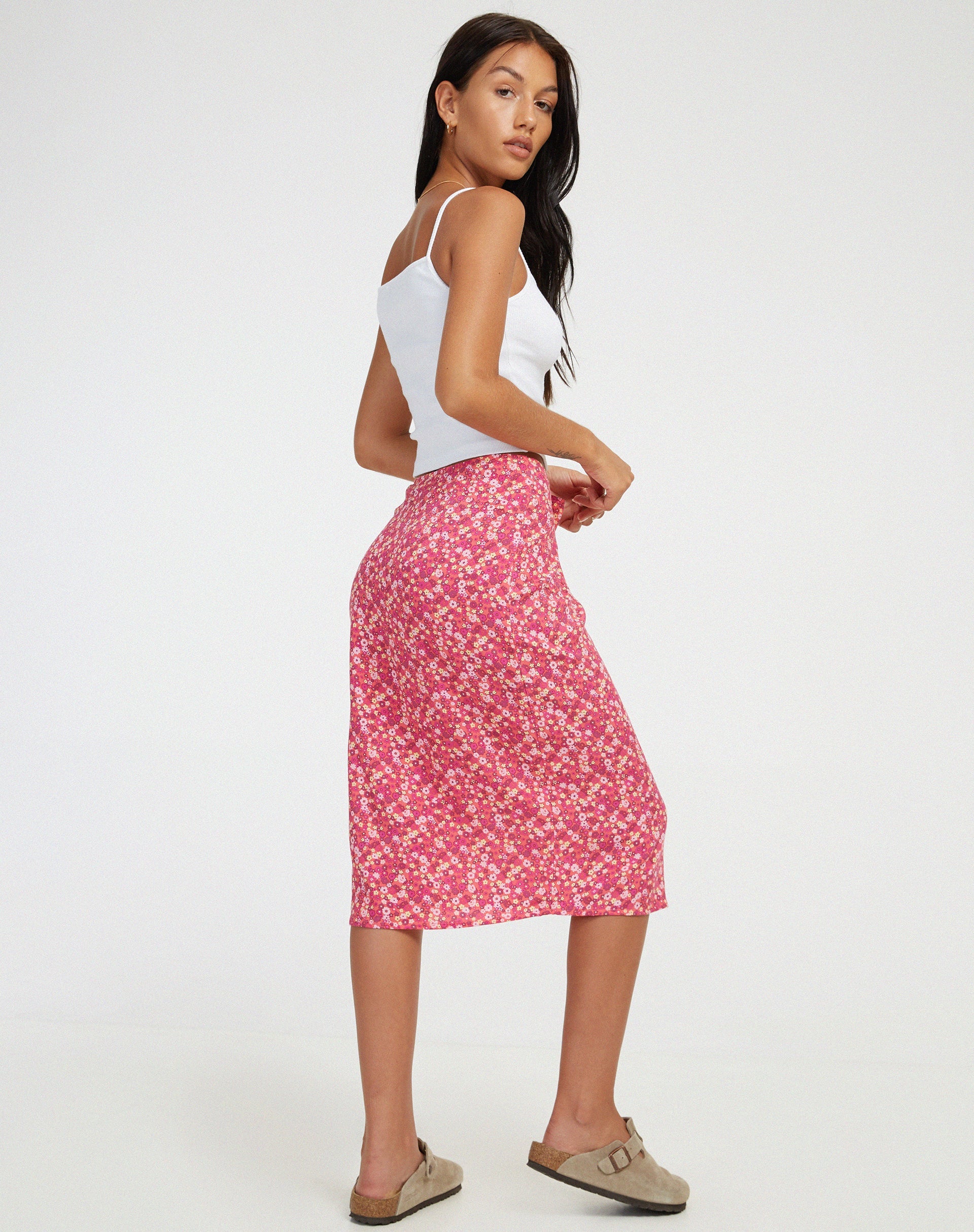 image of Harriet Midi Skirt in Ditsy Floral Pink