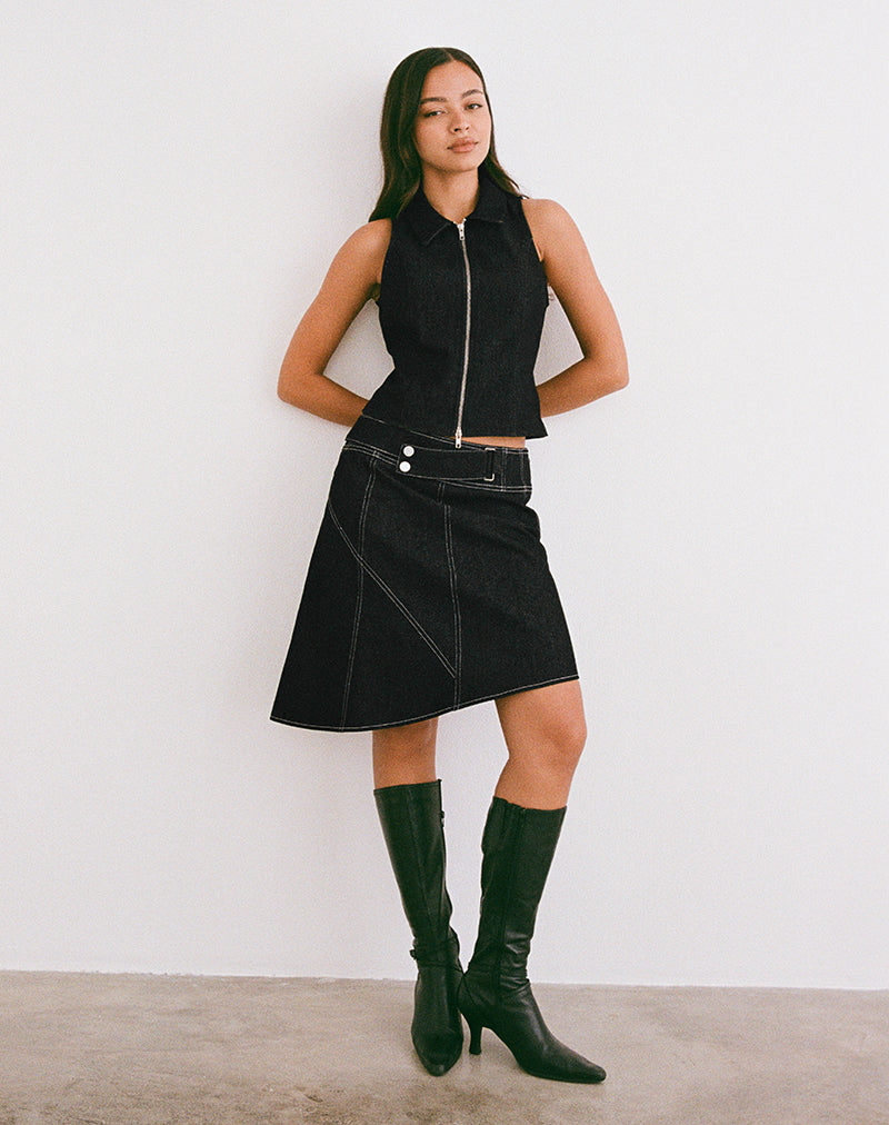Black Washed Denim Asymmetrical Midi Skirt | Hayashi – motelrocks