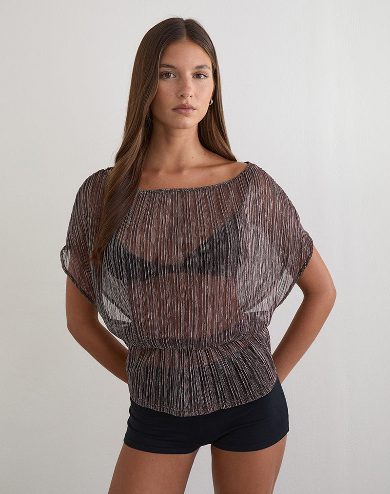 Image of Hayba Drape Top in Plisse Brown