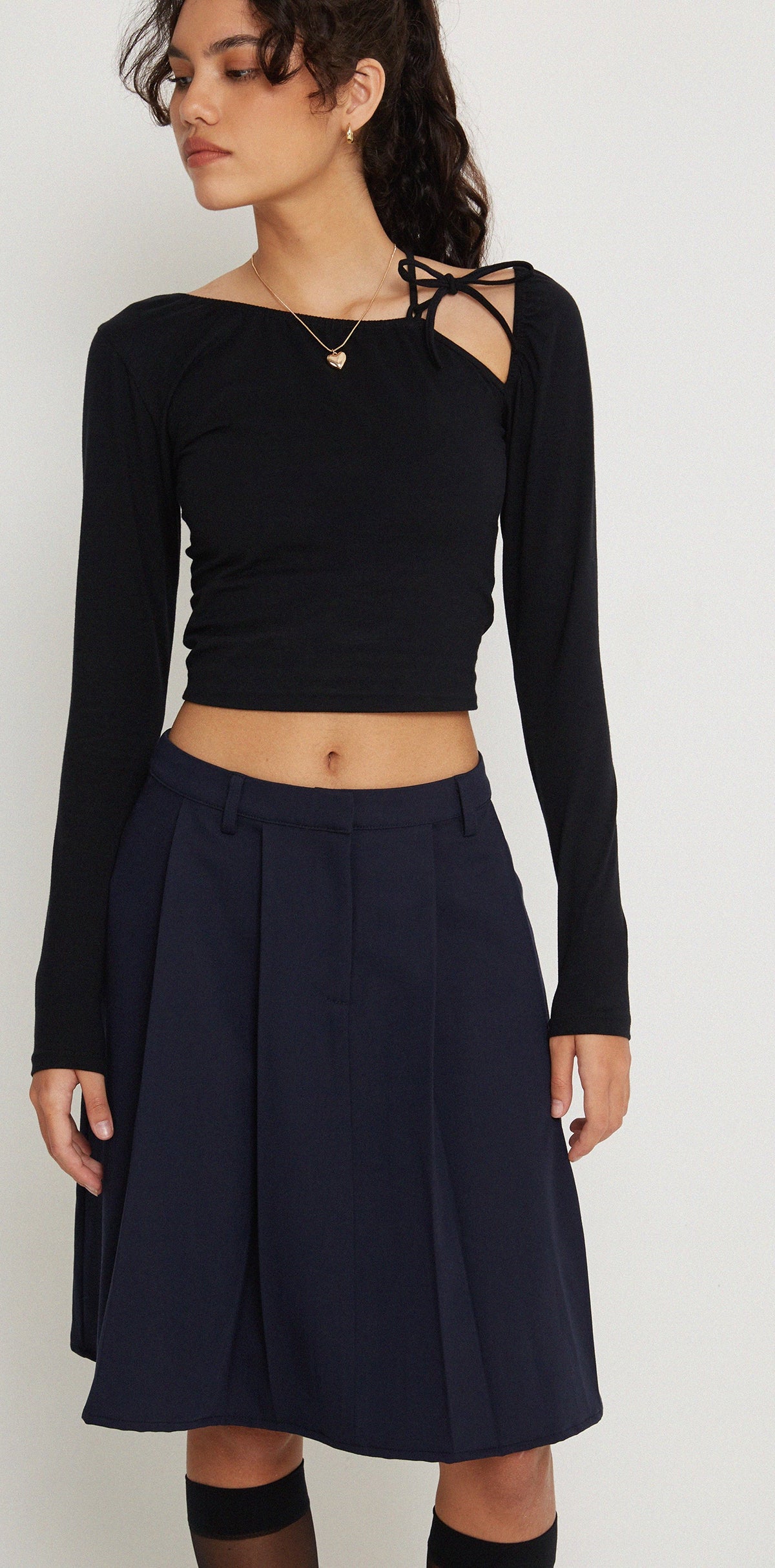 Navy Pleated Knee Length Skirt | Navy  motelrocks-com-us