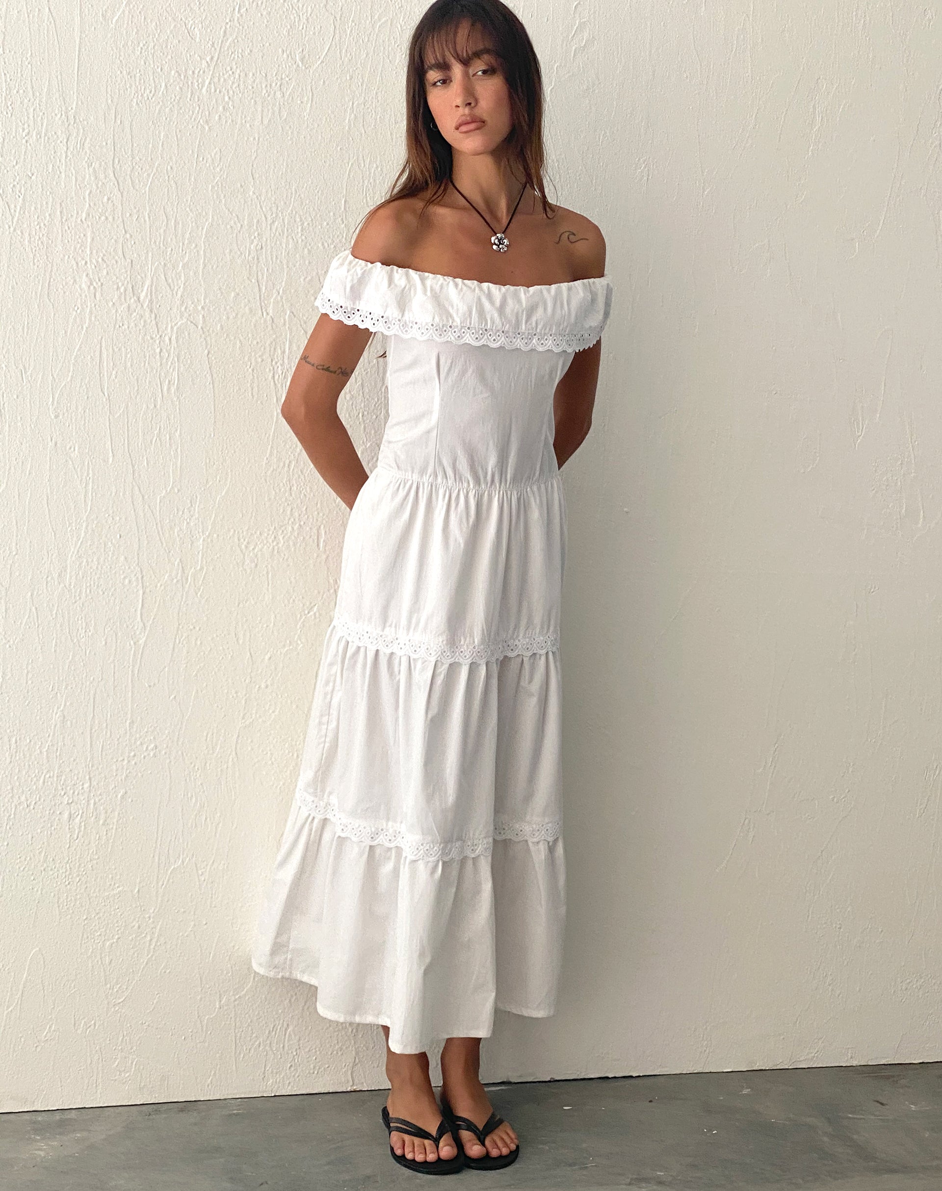 White Tiered Bardot Maxi Dress | Helpa motelrocks-com-us White Tiered Bardot Maxi Dress | Helpa motelrocks-com-us