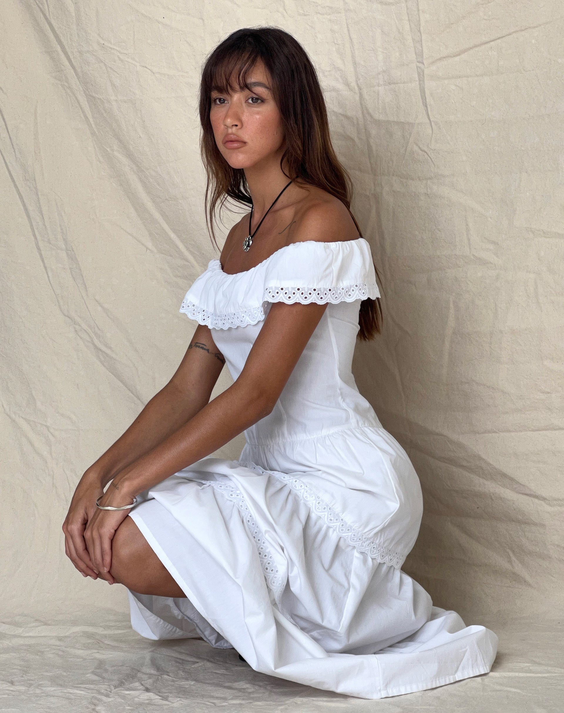 Helpa Tiered Bardot Maxi Dress in White Helpa Tiered Bardot Maxi Dress in White