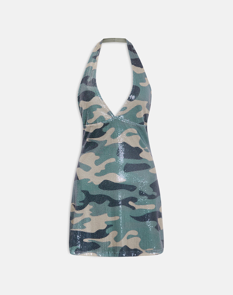 Hepasi Halter Mini Dress in Camo Sequin Khaki Green , Halter Neck Hepasi Halter Mini Dress in Camo Sequin Khaki Green , Halter Neck