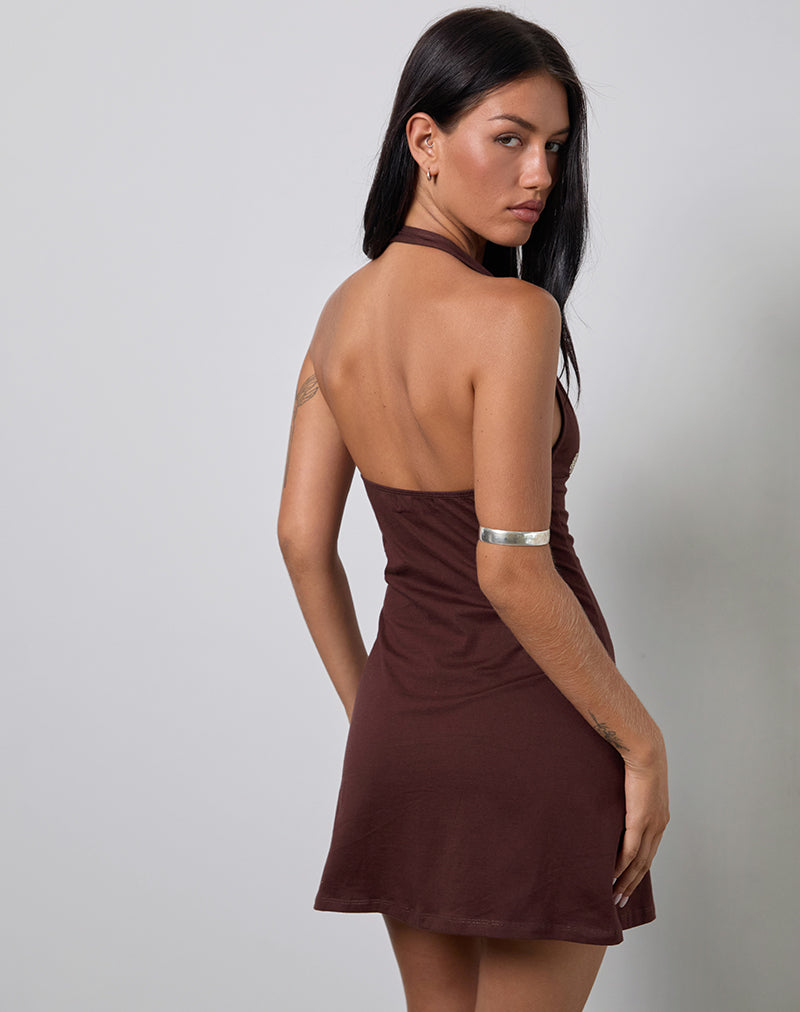 Image of Hepzhi Mini Dress in Bitter Chocolate with Floral Embroidery