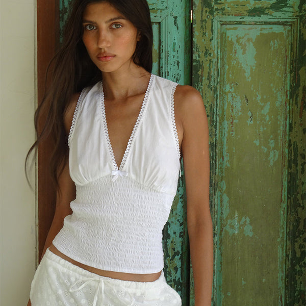 White Poplin Plunge Shirred Top | Hevalis – motelrocks-com-us