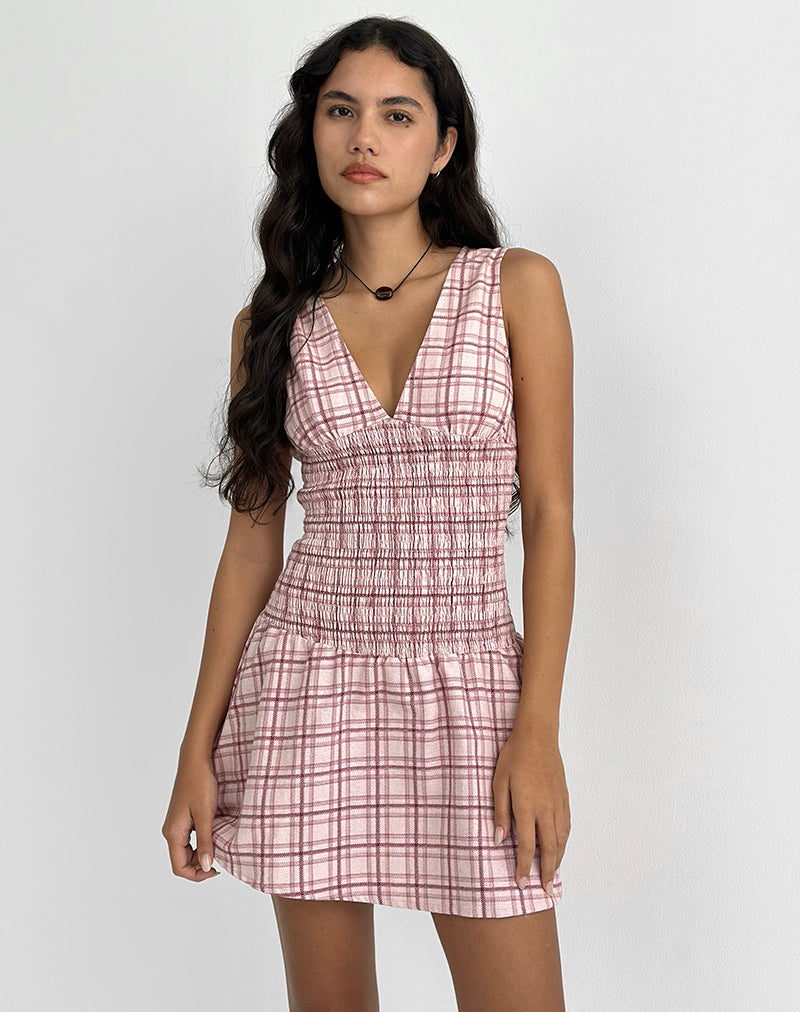 Hevoria Mini Dress in Basic Tartan Pink , Pleated , V Neck