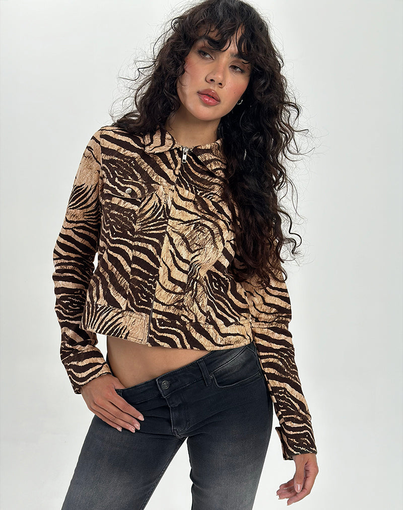 Wild Animal Print Cropped Long Sleeve Zip Up Jacket | Hoshi