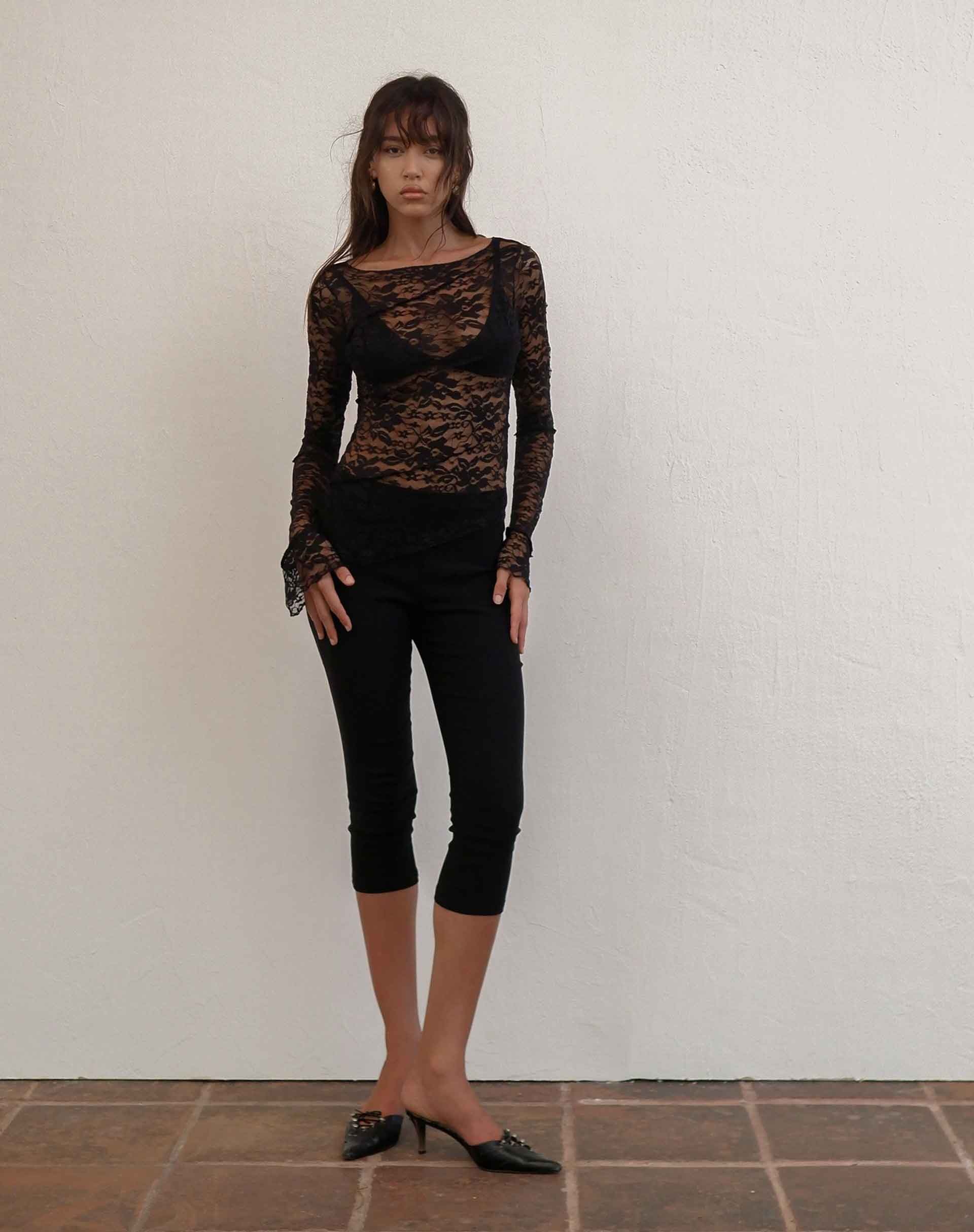 Sultry Charmer Black Lace-Up Collared Long Sleeve Top