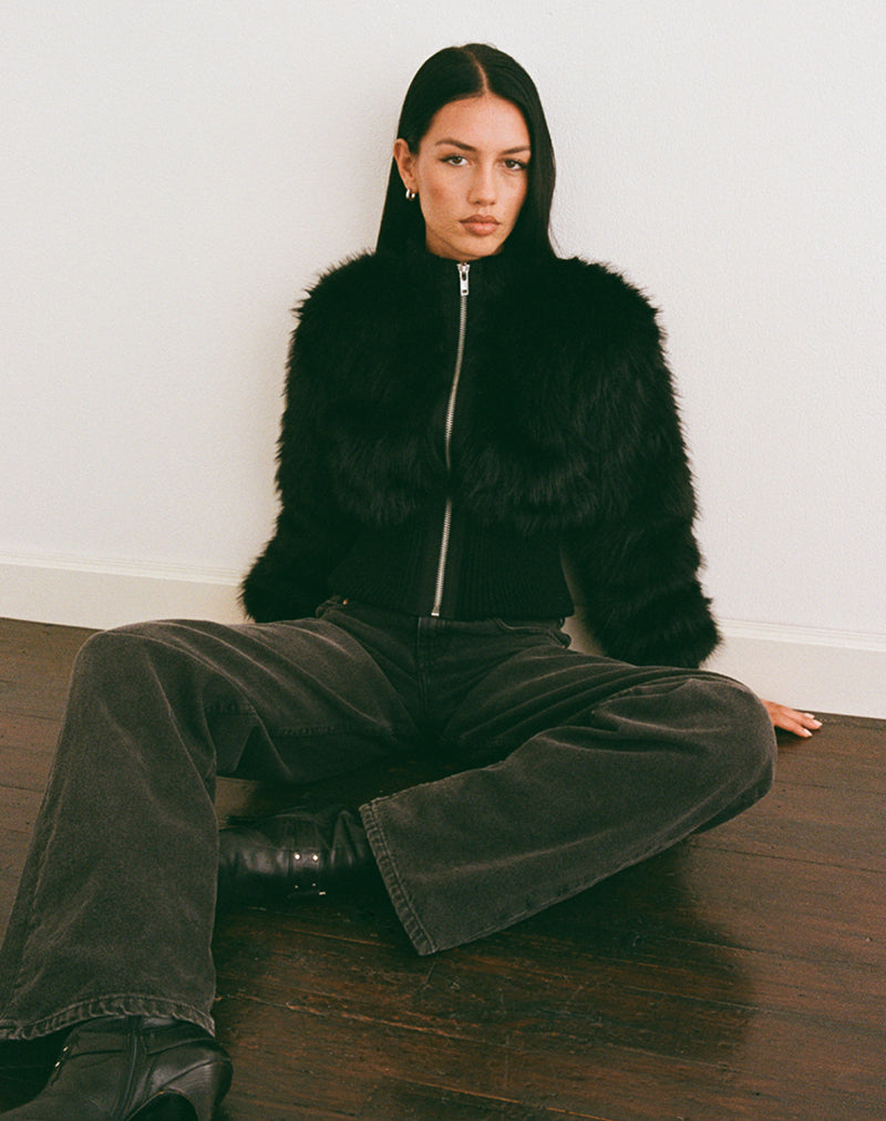 Black Shaggy Faux Fur Jacket | Homari – motelrocks-com-us