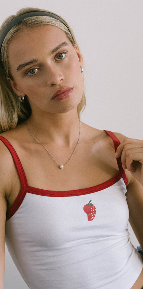 Image of Icah Vest Top in White with Red Binding and Strawberry