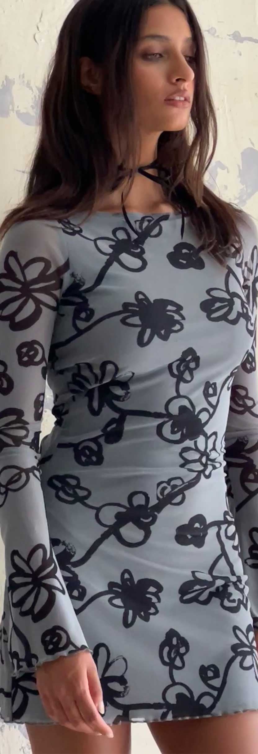 Mesh Doodle Flower Grey Mini Dress | Sevila – motelrocks-com-us