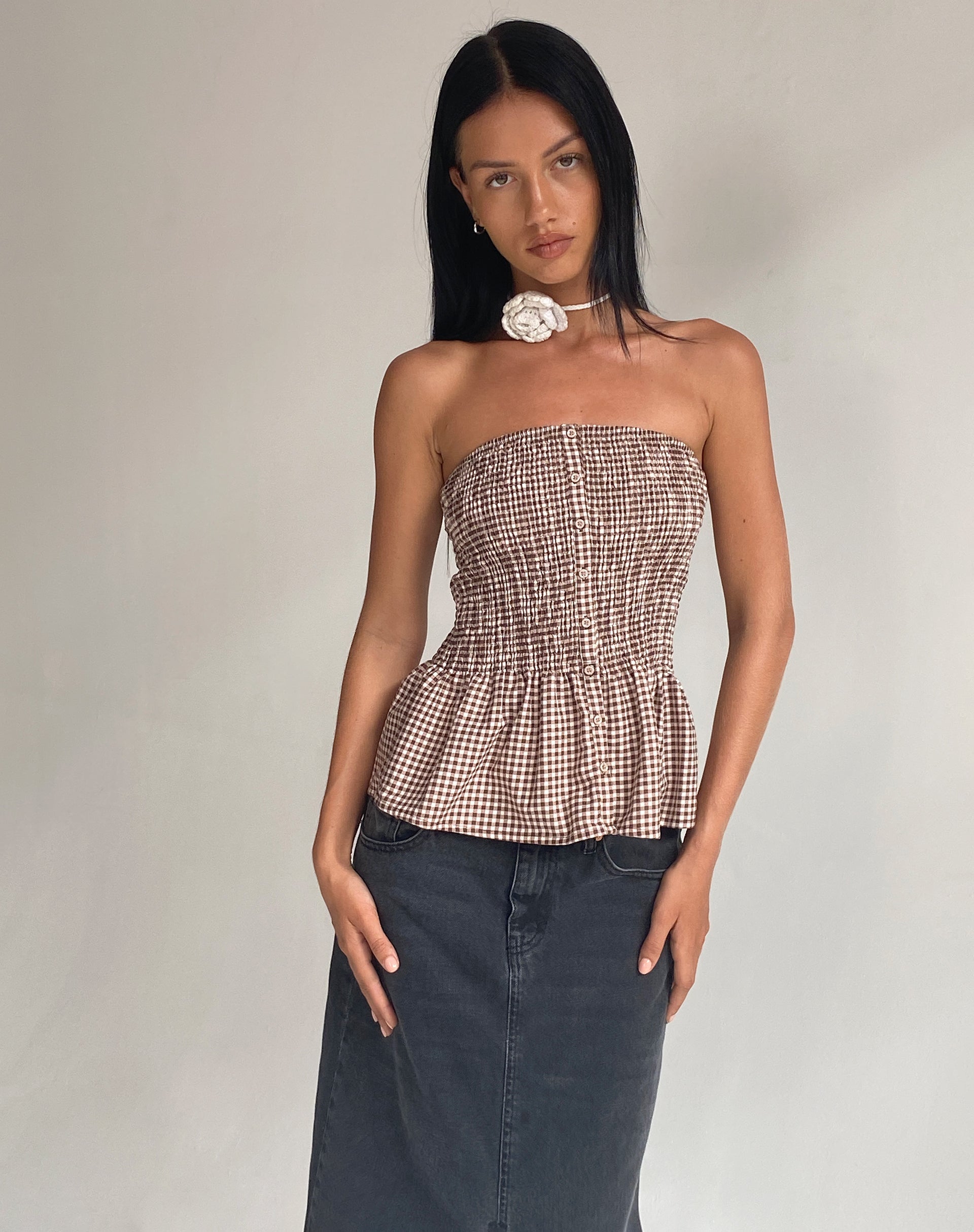 Image of Soter Shirred Bandeau Top in Mini Gingham