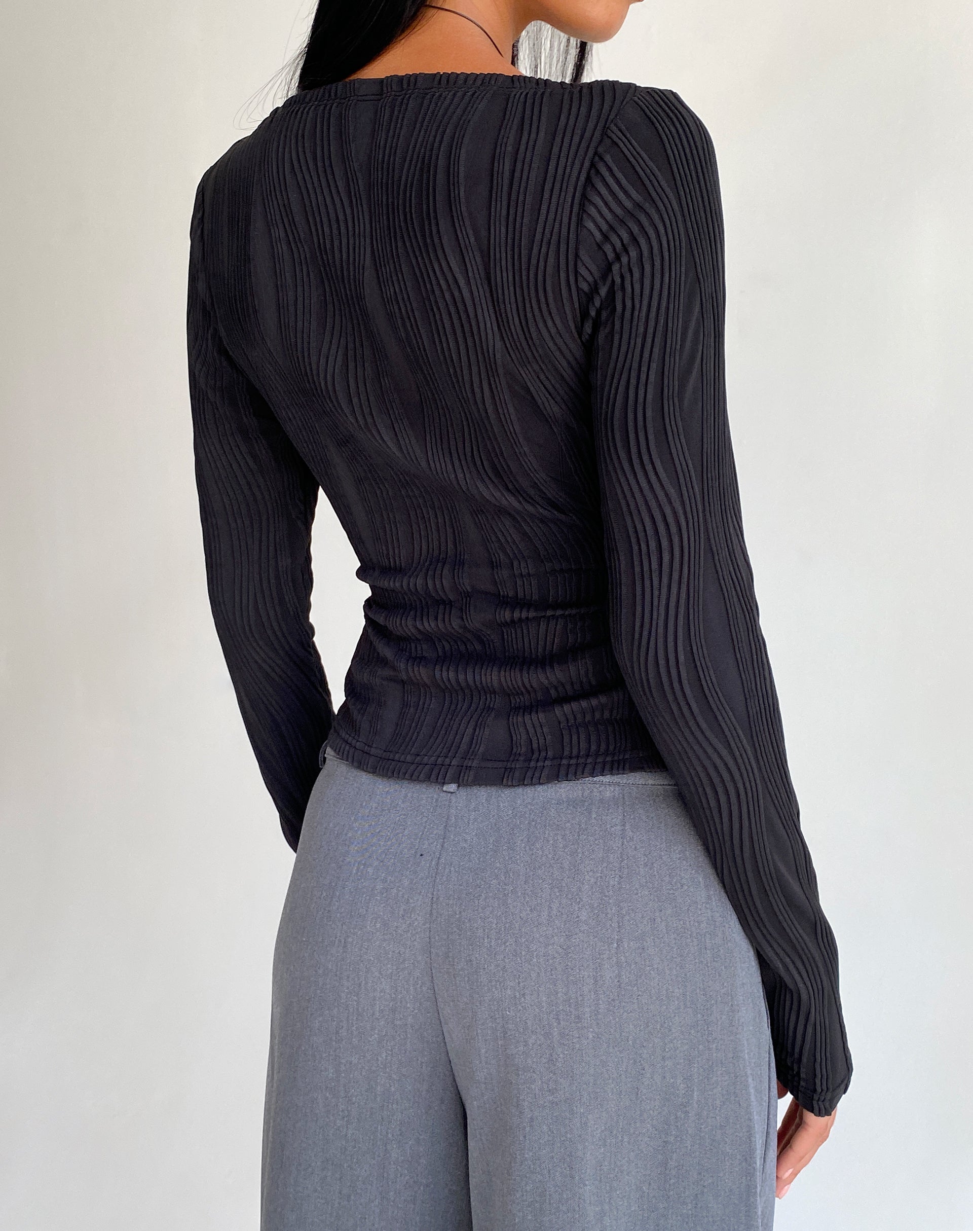 Image of Amabon Long Sleeve Crop Top in Crinkle Black