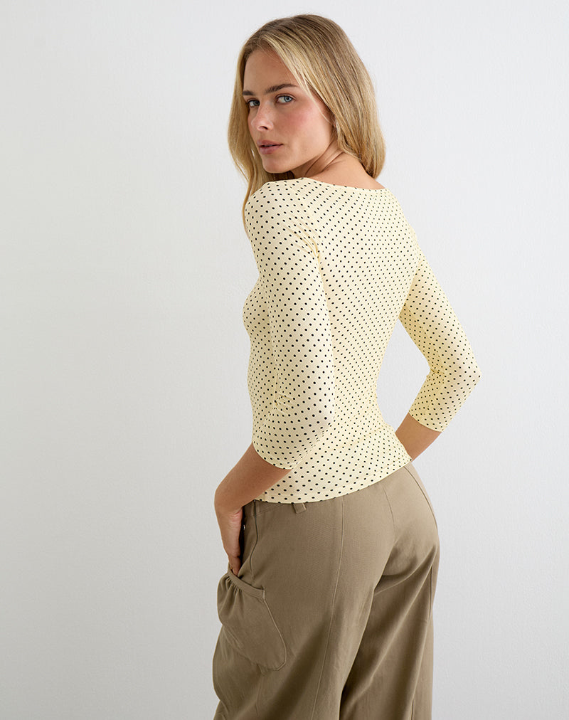 Yellow Quarter Sleeve Top with Micro Polka Print | Ione