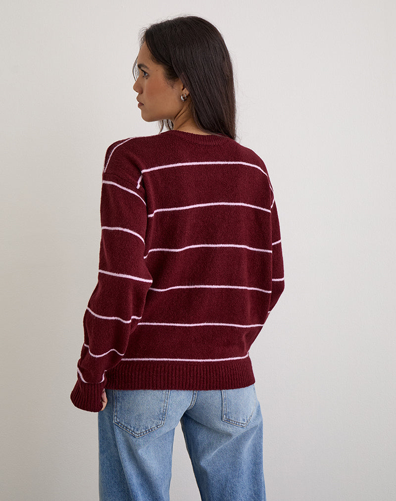 Image of Ishari Knitted Jumper in Burgundy with Pink Stripe