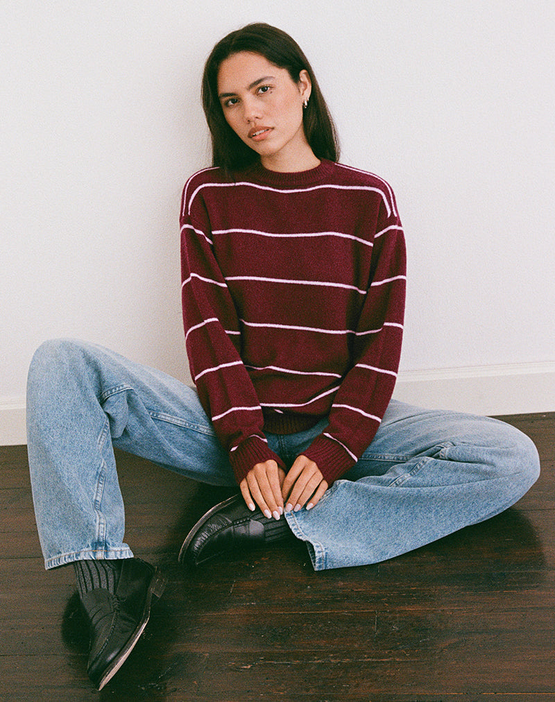 Image of Ishari Knitted Jumper in Burgundy with Pink Stripe