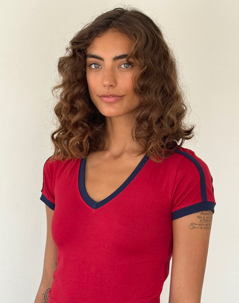 Image of Izolde Baby Tee in Adrenalin Red with Navy Binding and M Embroidery