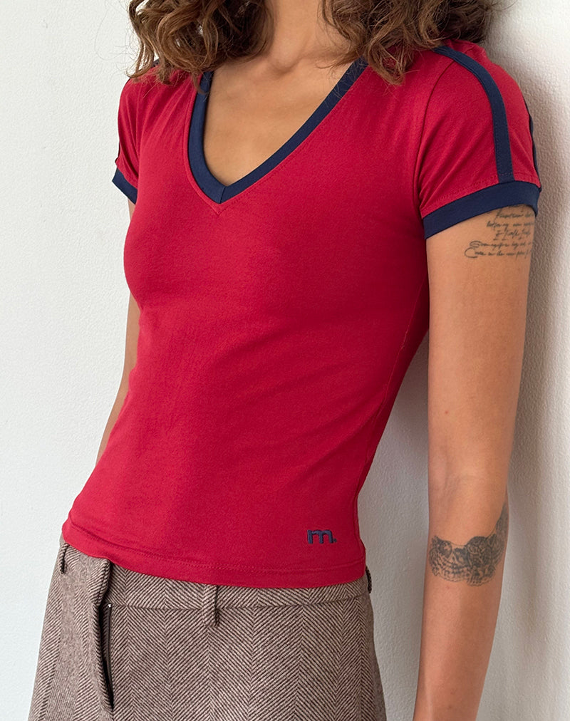 Image of Izolde Baby Tee in Adrenalin Red with Navy Binding and M Embroidery