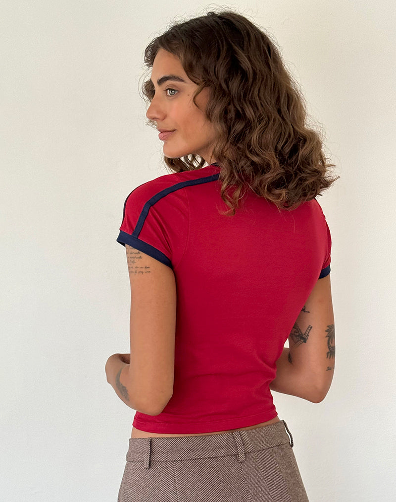 Image of Izolde Baby Tee in Adrenalin Red with Navy Binding and M Embroidery