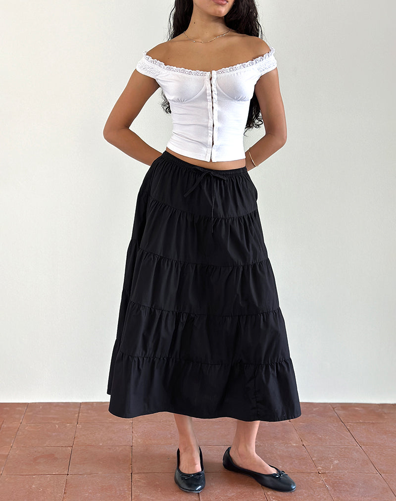 Izumi Tiered Midi Skirt in Poplin Black