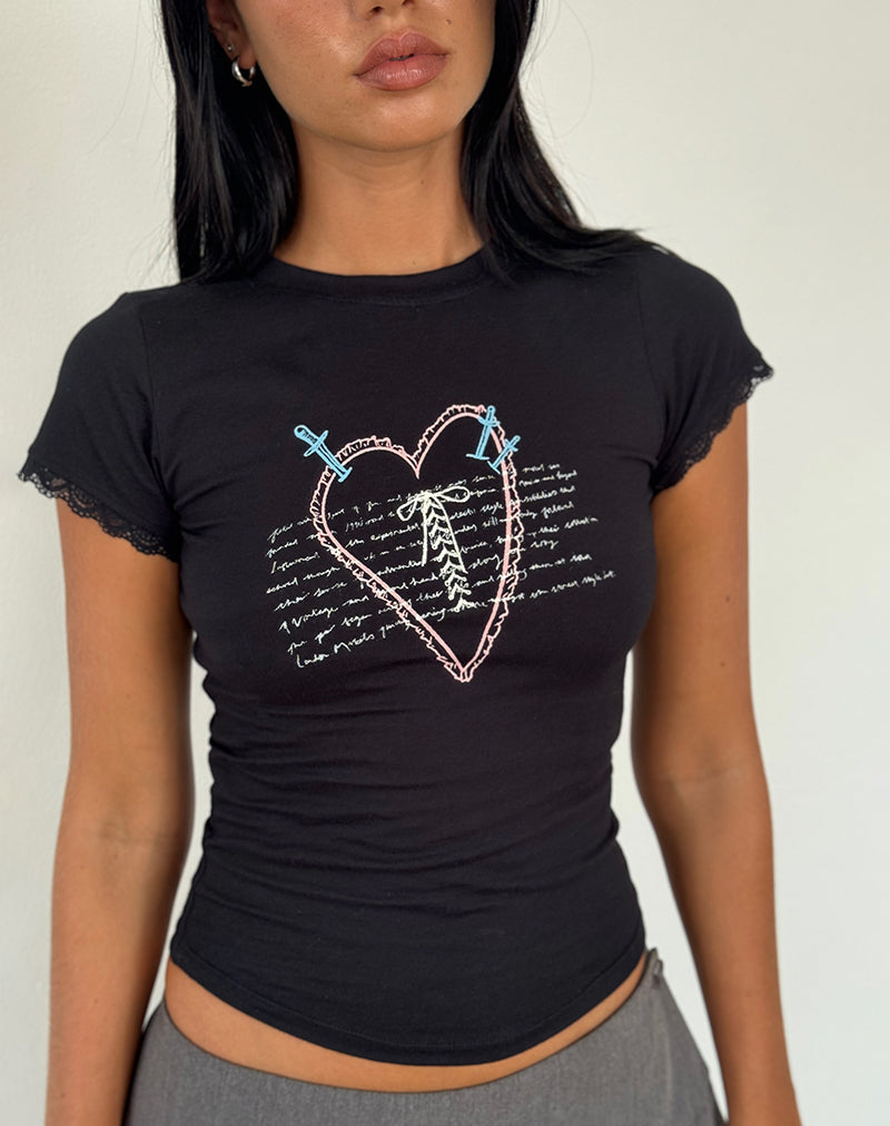 Image of Izzy Lace Trim Tee in Black Lace Up Heart Motif