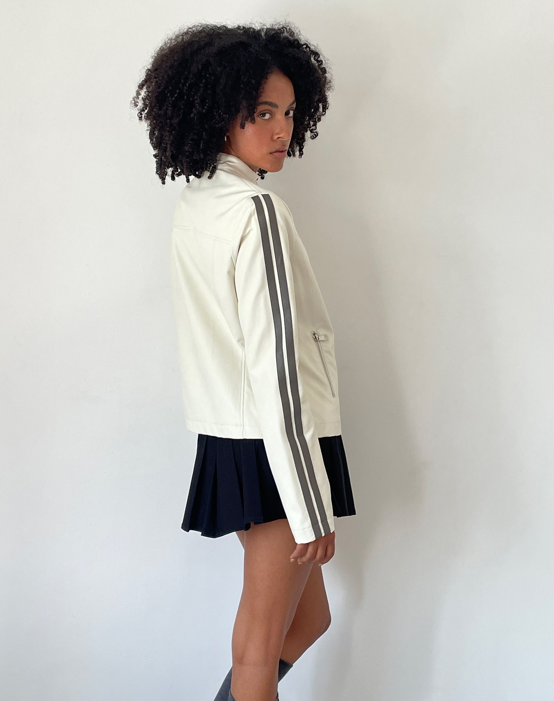 Cream PU with Brown Stripe Zip Up Jacket | Jacquie – motelrocks-com-us