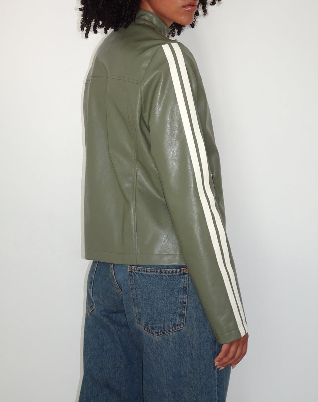 Jacquie Zip Up Biker Jacket in PU Green with Ivory Stripe