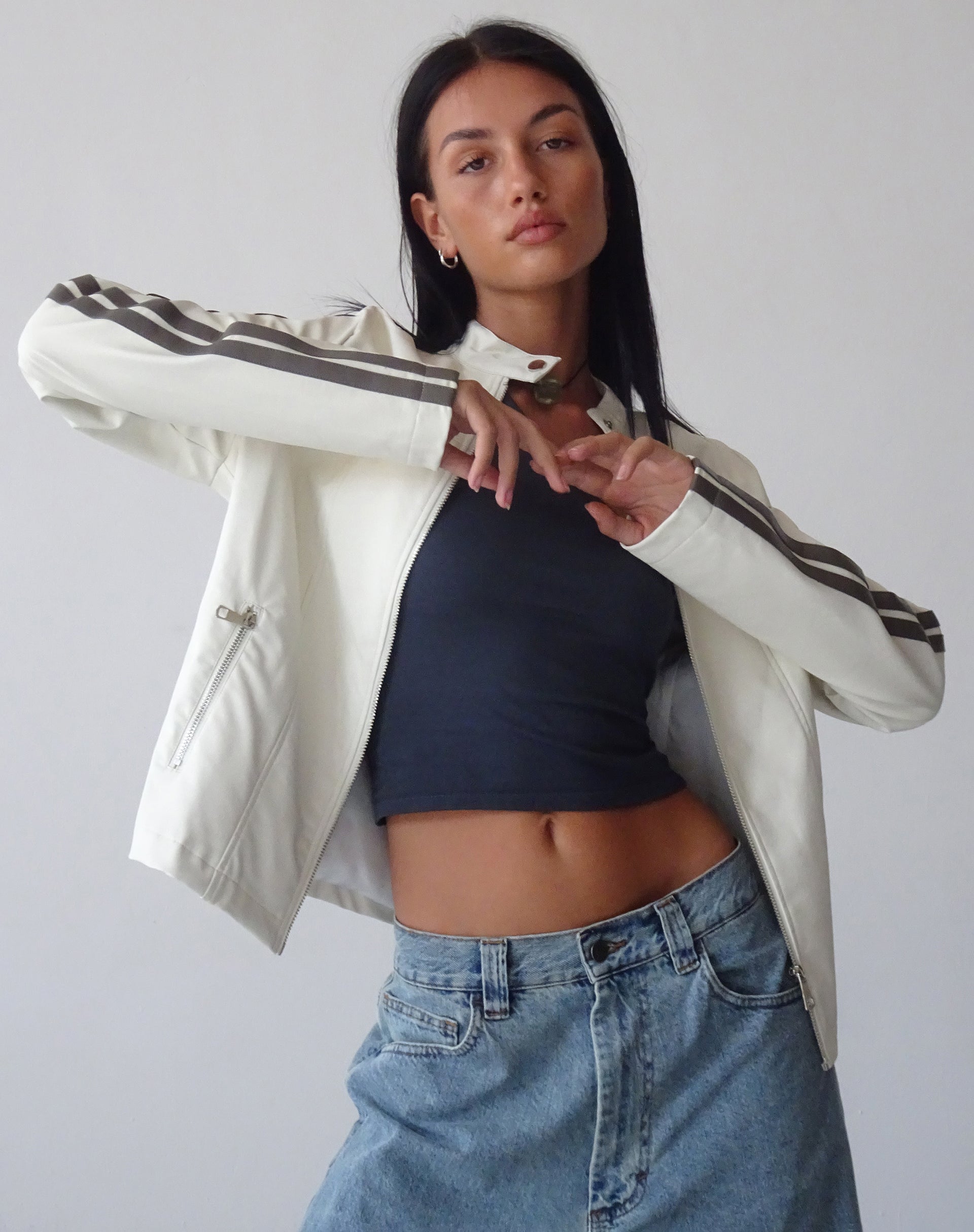 Cream PU with Brown Stripe Zip Up Jacket | Jacquie – motelrocks-com-us