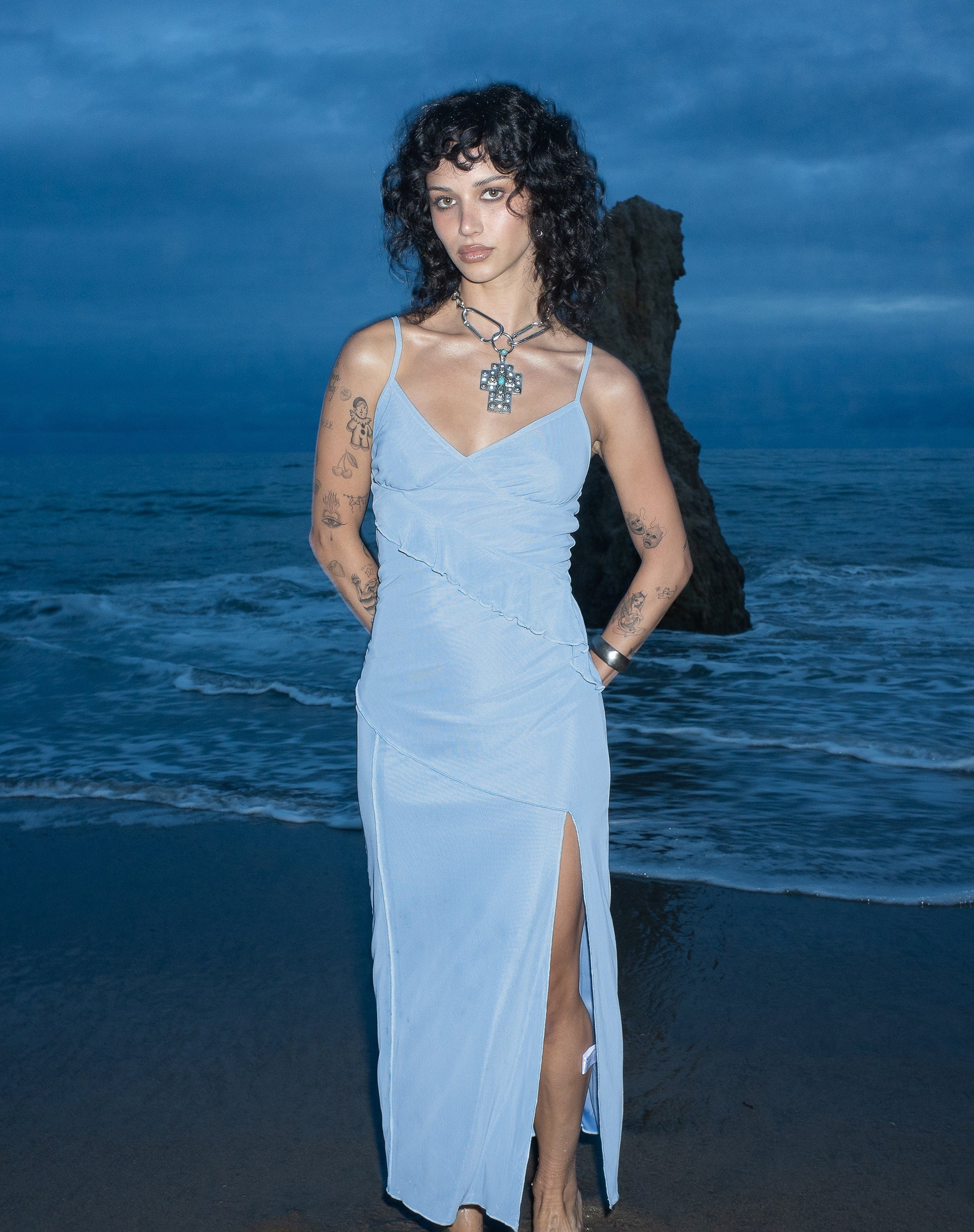 blue ruffle midi dress Embla Blue Ruffled Tiered Midi Dress, M / Blue