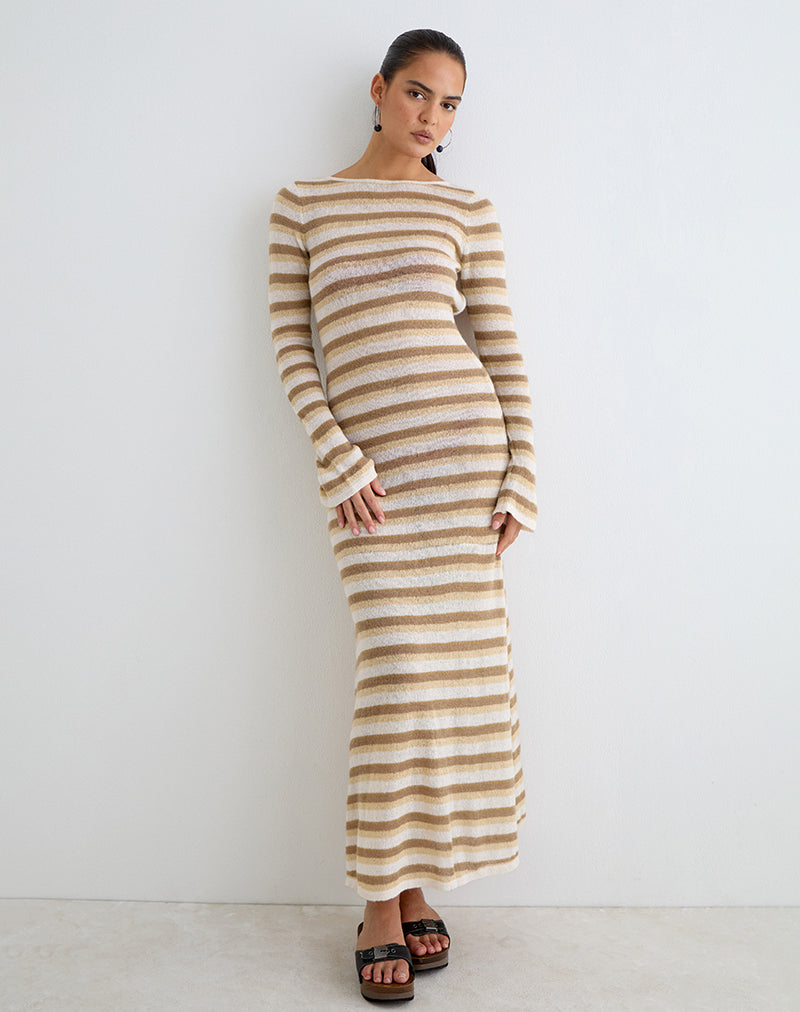 Cream and Camel Tonal Stripe Ribbed Knit Maxi Dress | Jadie