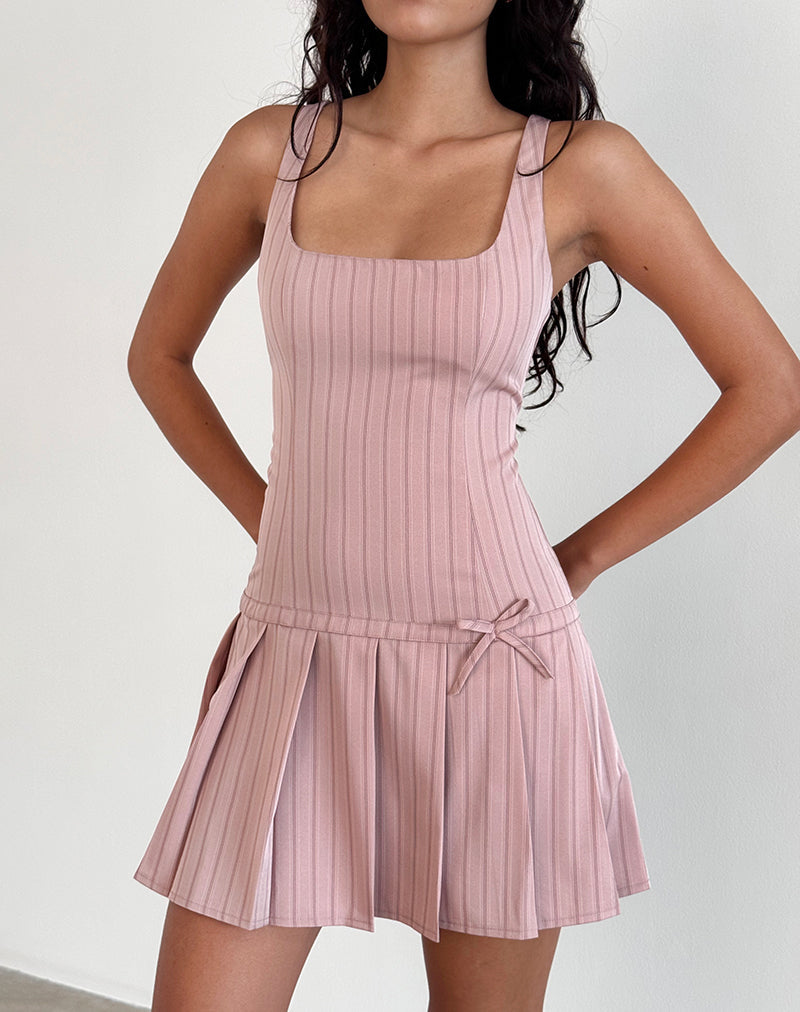 Jadzia Drop Waist Mini Dress in Blush Pinstripe