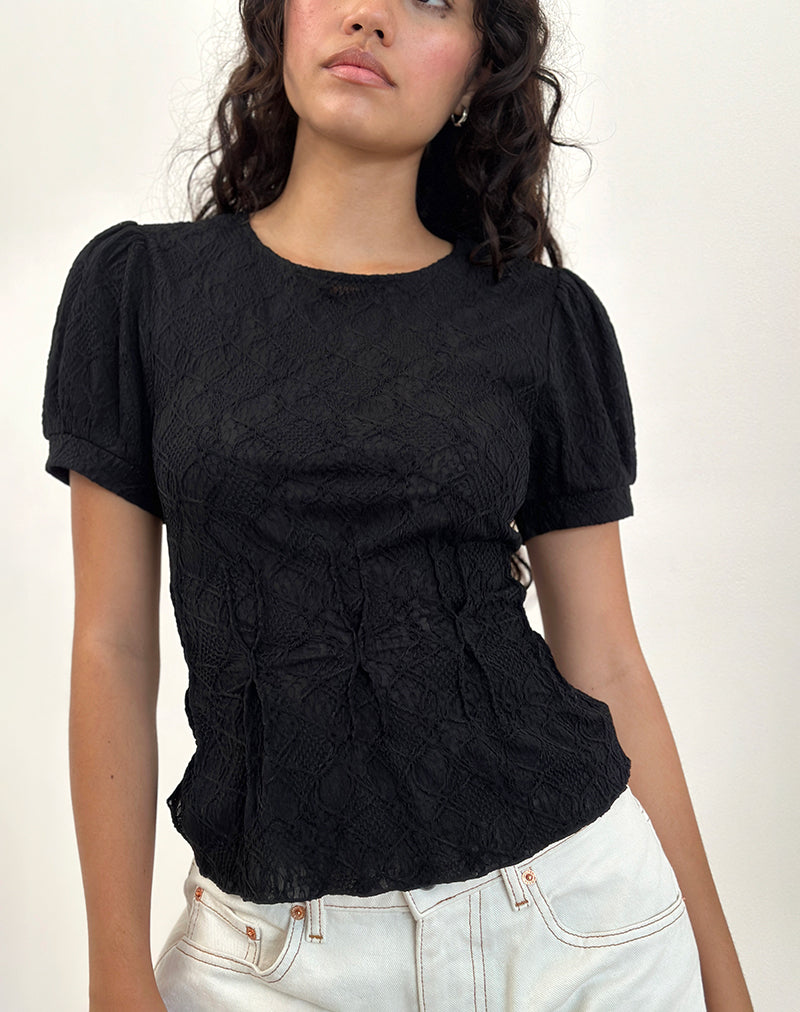 Jaina Puff Sleeve Top in Textured Black