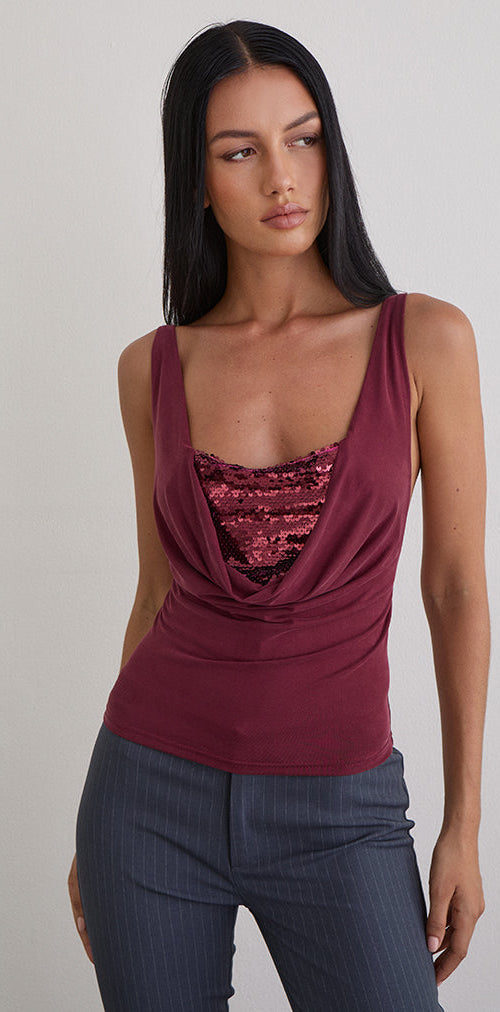 Image of Janice Top in Sequin Jersey Burgundy