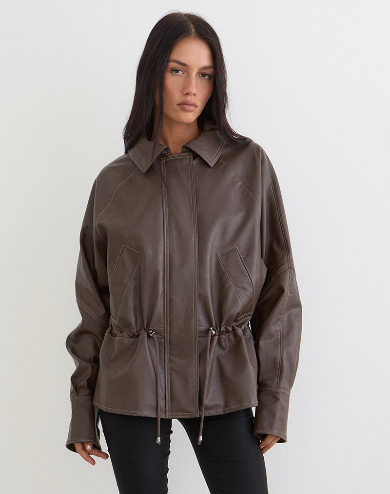 Zip Up Front PU Leather Brown Jacket | Cavita – motelrocks-com-us