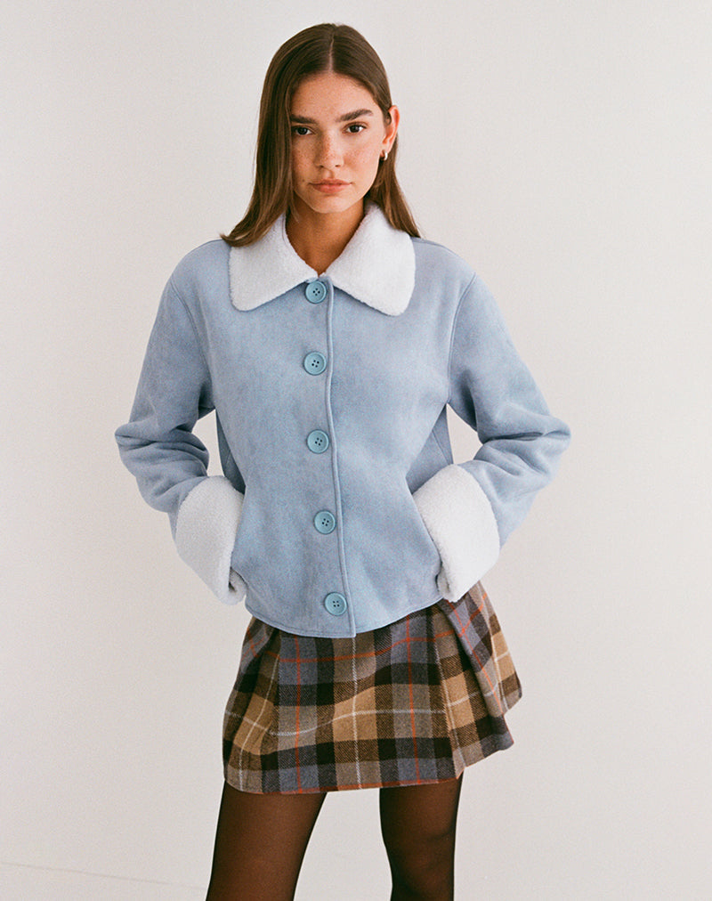 Image of Jano Jacket in Faux Suede Blue with Borg