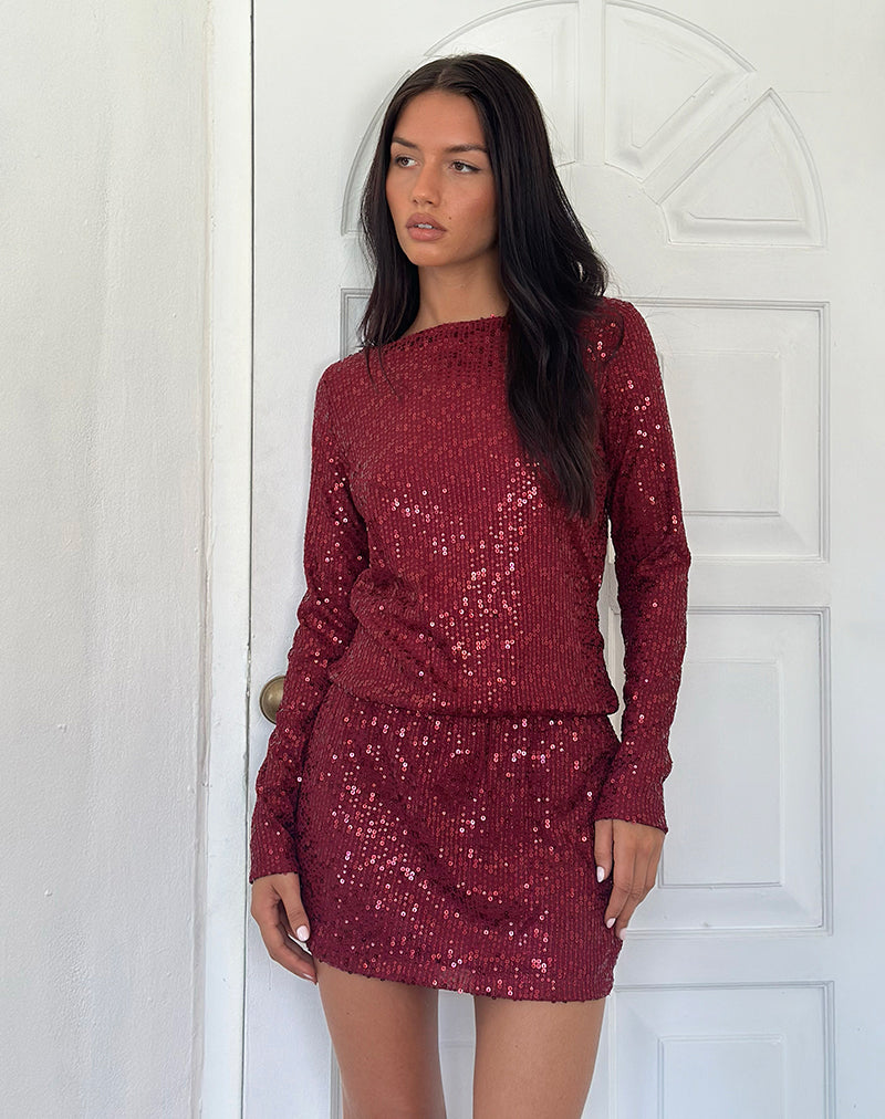 Jasilia Long Sleeve Mini Dress in Gauzy Sequin Red , Cut Out Jasilia Long Sleeve Mini Dress in Gauzy Sequin Red , Cut Out
