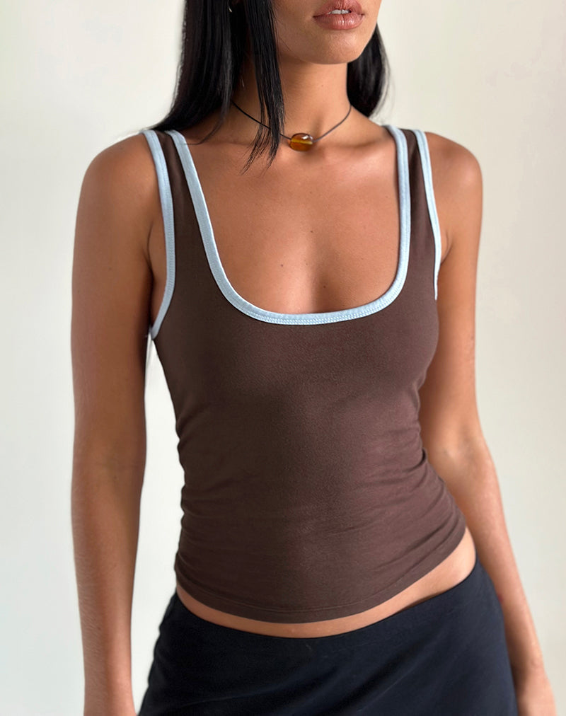 Image of Jastiya Top in Brown with Nantucket Blue Binding