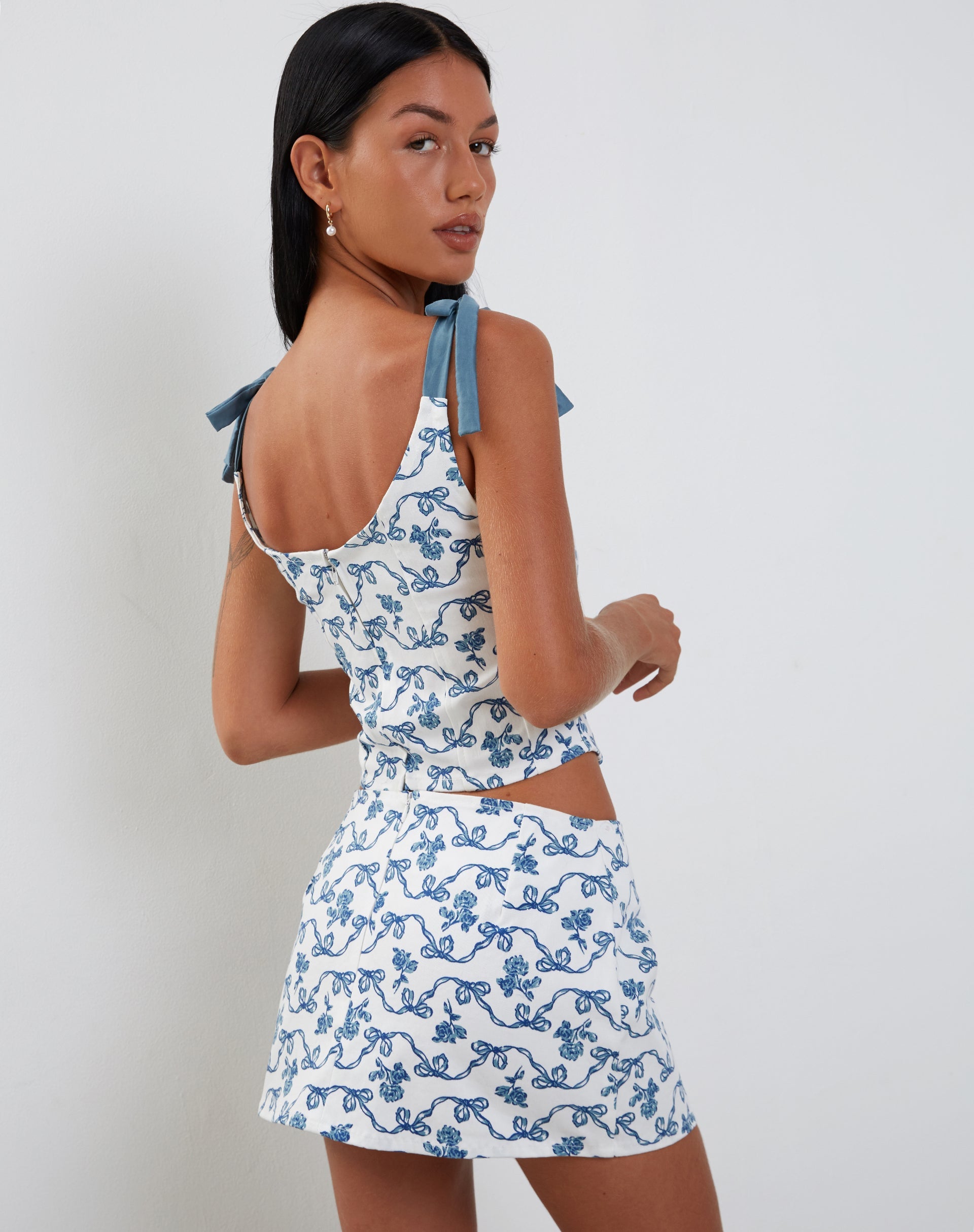 White and Blue Ribbon Print Corset Top | Jatmi – motelrocks-com-us