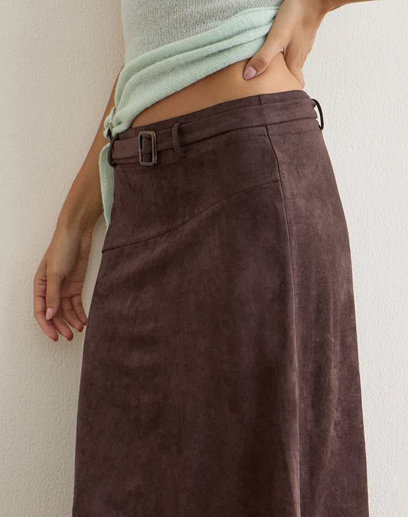 Image of Suzu Midi Skirt in Faux Suede Dark Brown