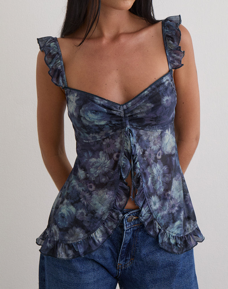 Image of Jibola Top in Mesh Arty Flowers Dark Blue