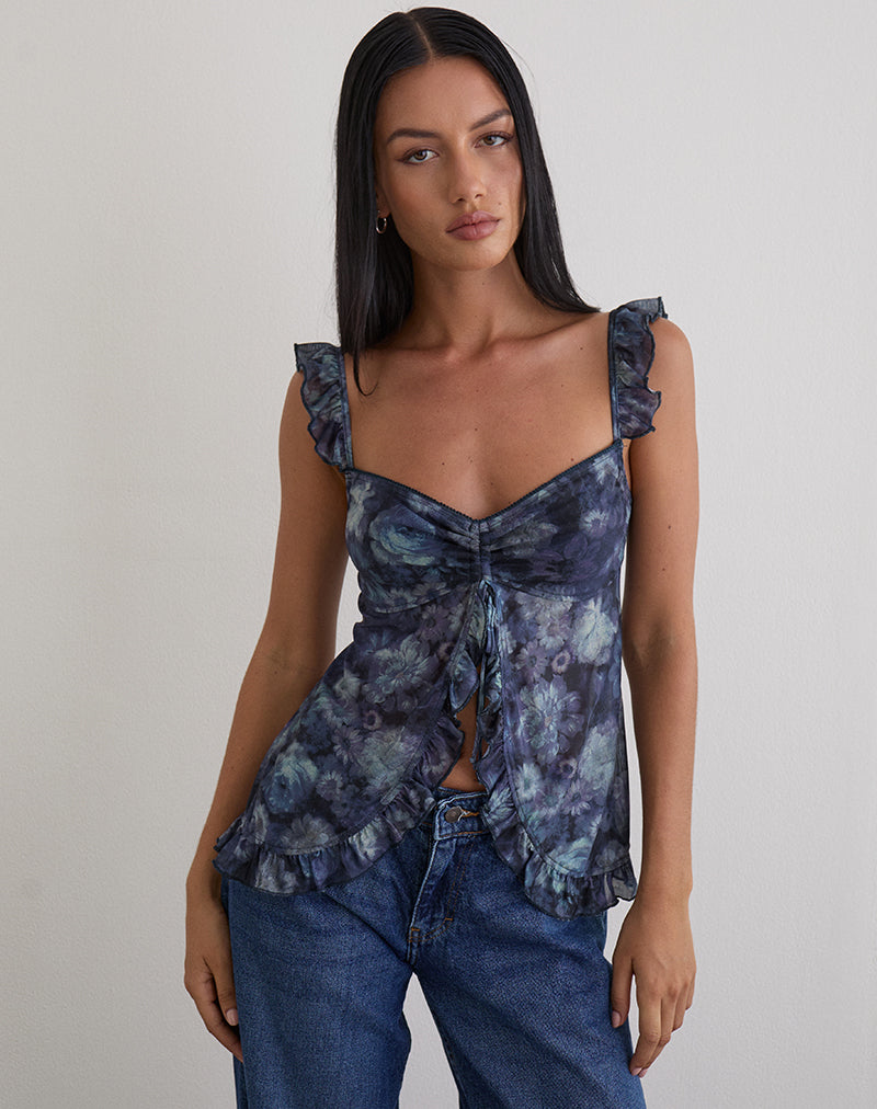 Image of Jibola Top in Mesh Arty Flowers Dark Blue