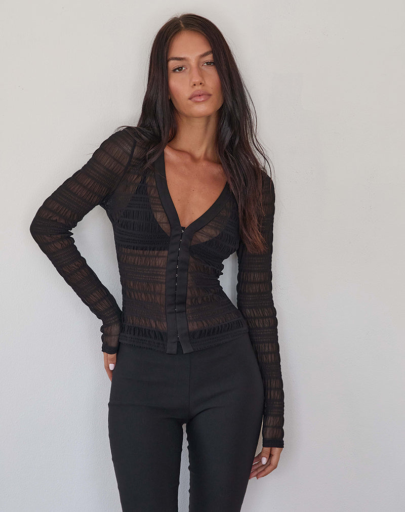 Jichan Ruched Long Sleeve Top in Mesh Black