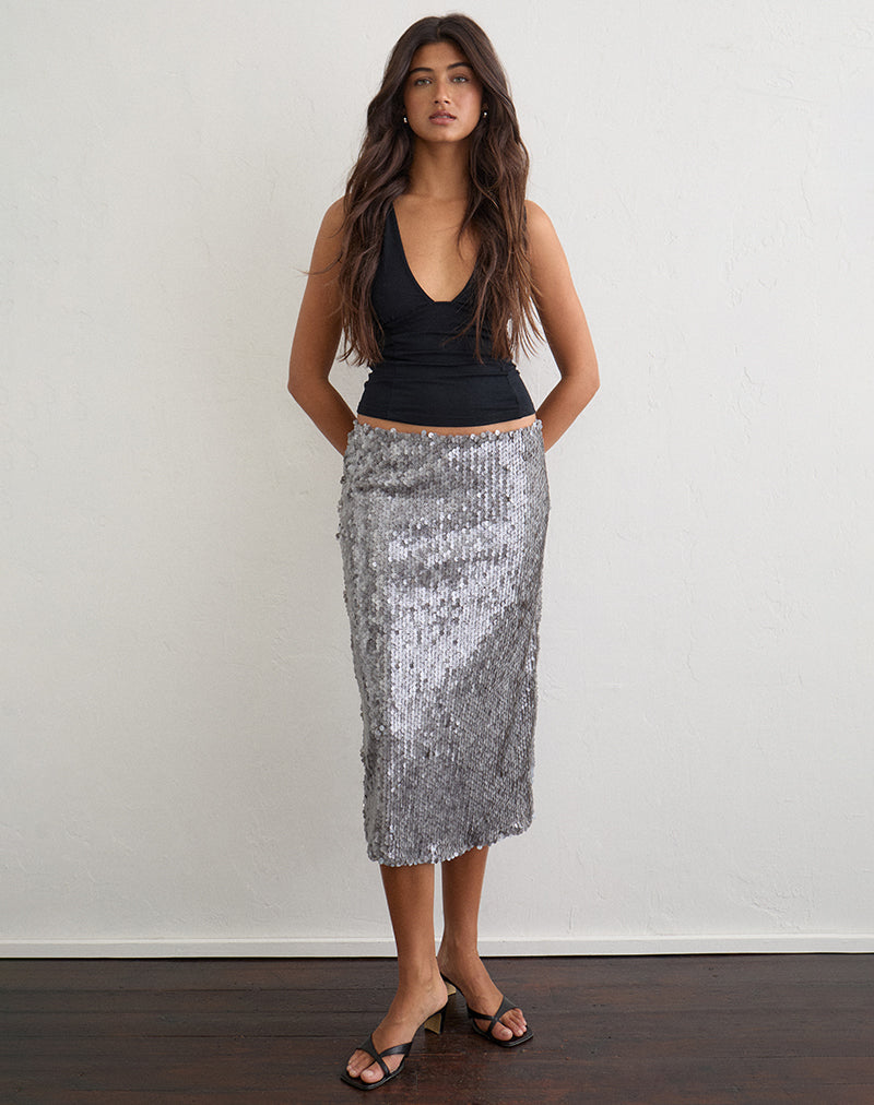 Image of Jihyo Slip Midi Skirt in Disc Sequin Silver