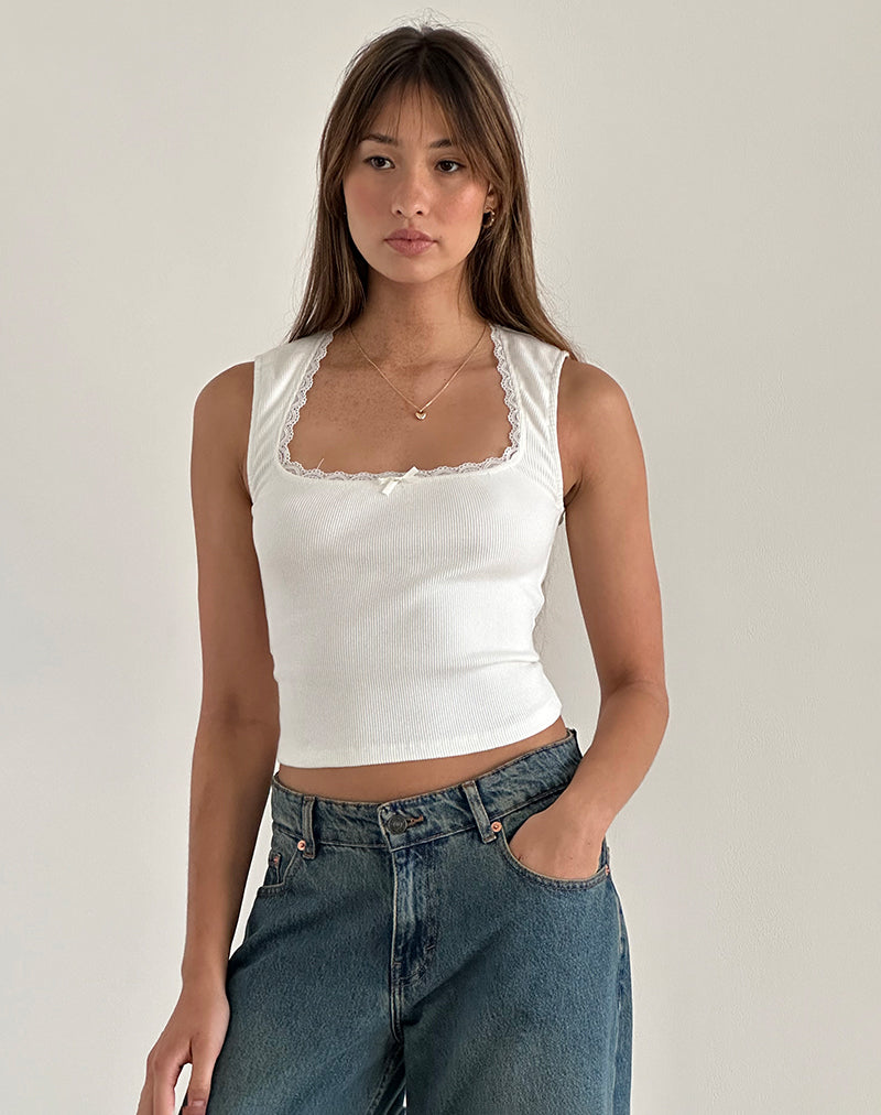 Image of Jinila Top in Off White with Bow and lace Trim