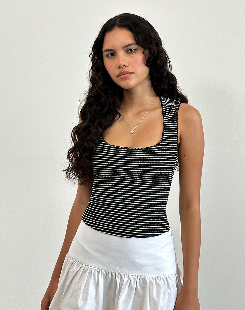 Image of Jinsu Top in Black and White Stripe with Picot Trim