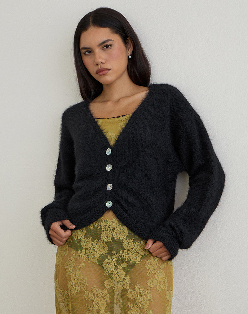 Jiyo Gathered Cardigan in Knit Black