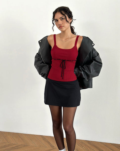 Red Rib Knit Cami Top with Black Bow Tie | Joanie