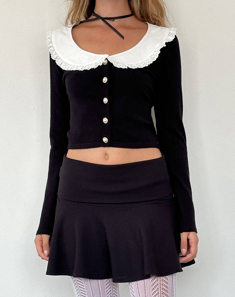 Image of Jodine Knitted Cardigan in Black with White Frill