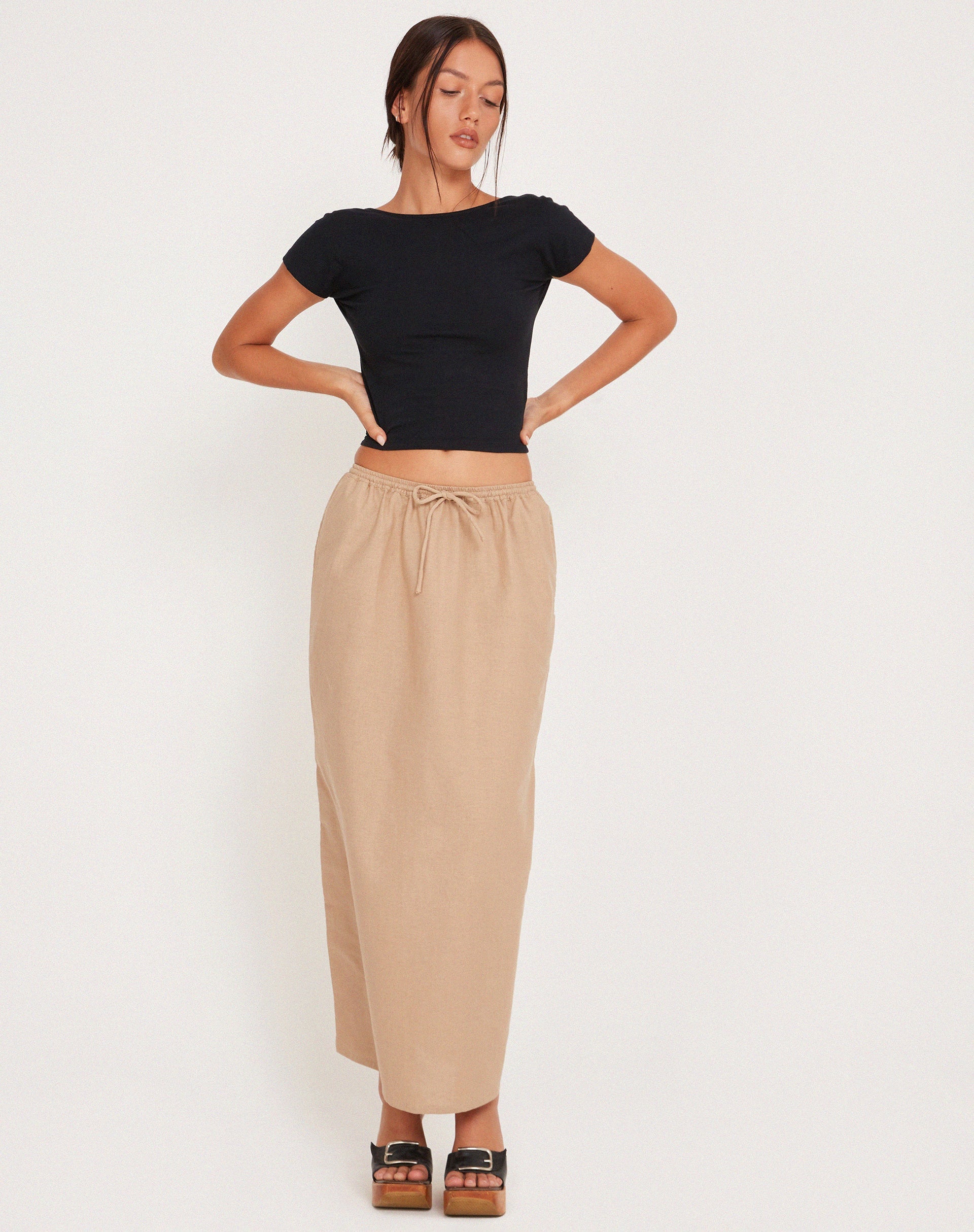 image of MOTEL X JACQUIE Joelene Tie Waist Maxi Skirt in Light Taupe