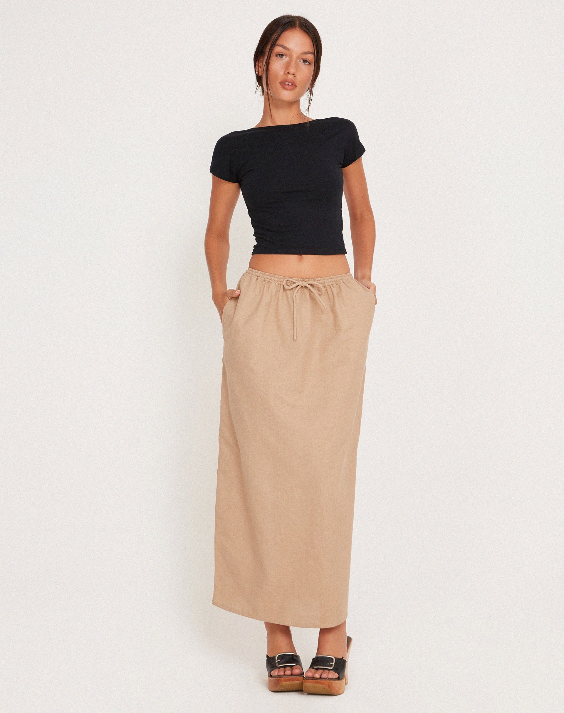 image of MOTEL X JACQUIE Joelene Tie Waist Maxi Skirt in Light Taupe